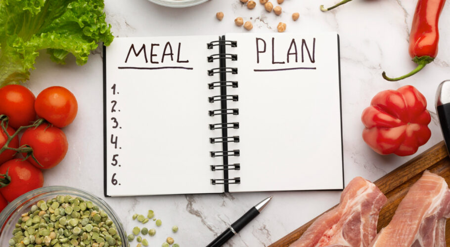 meal planning notepad with a backdrop of healthy food