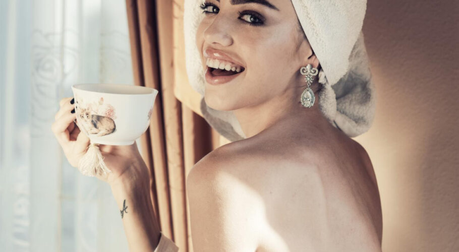 morning coffee woman in bathrobe and black lingerie