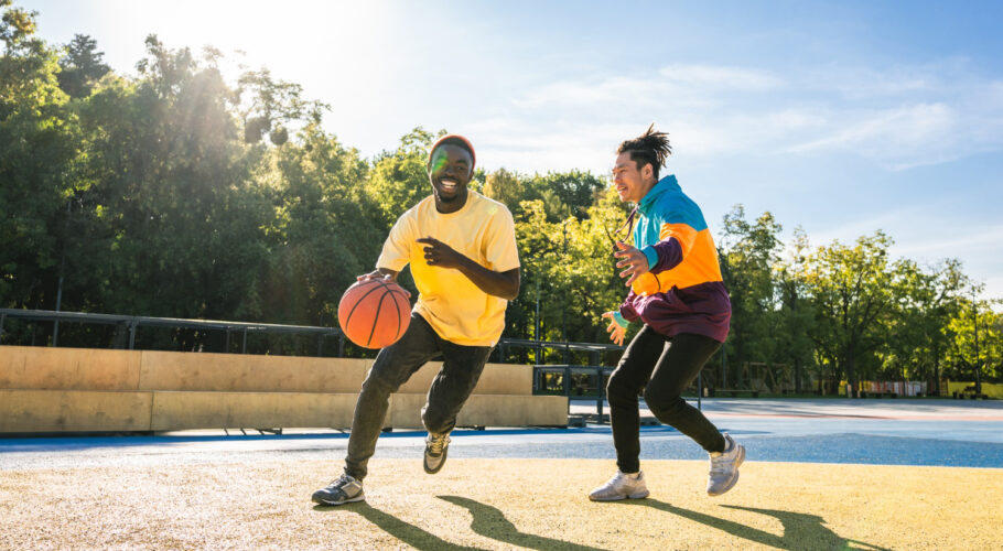 multicultural group young friends bonding outdoors having fun stylish cool teens gathering urban skate park