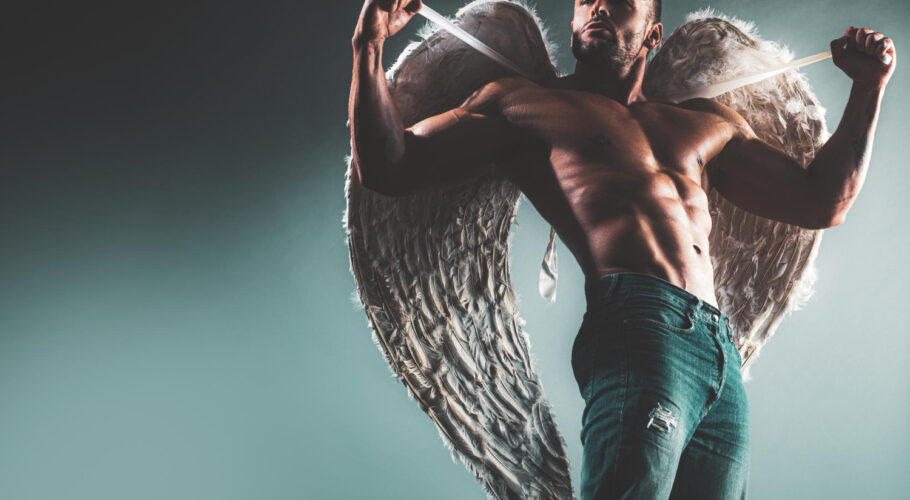 muscular sexy man with angels wings naked torso
