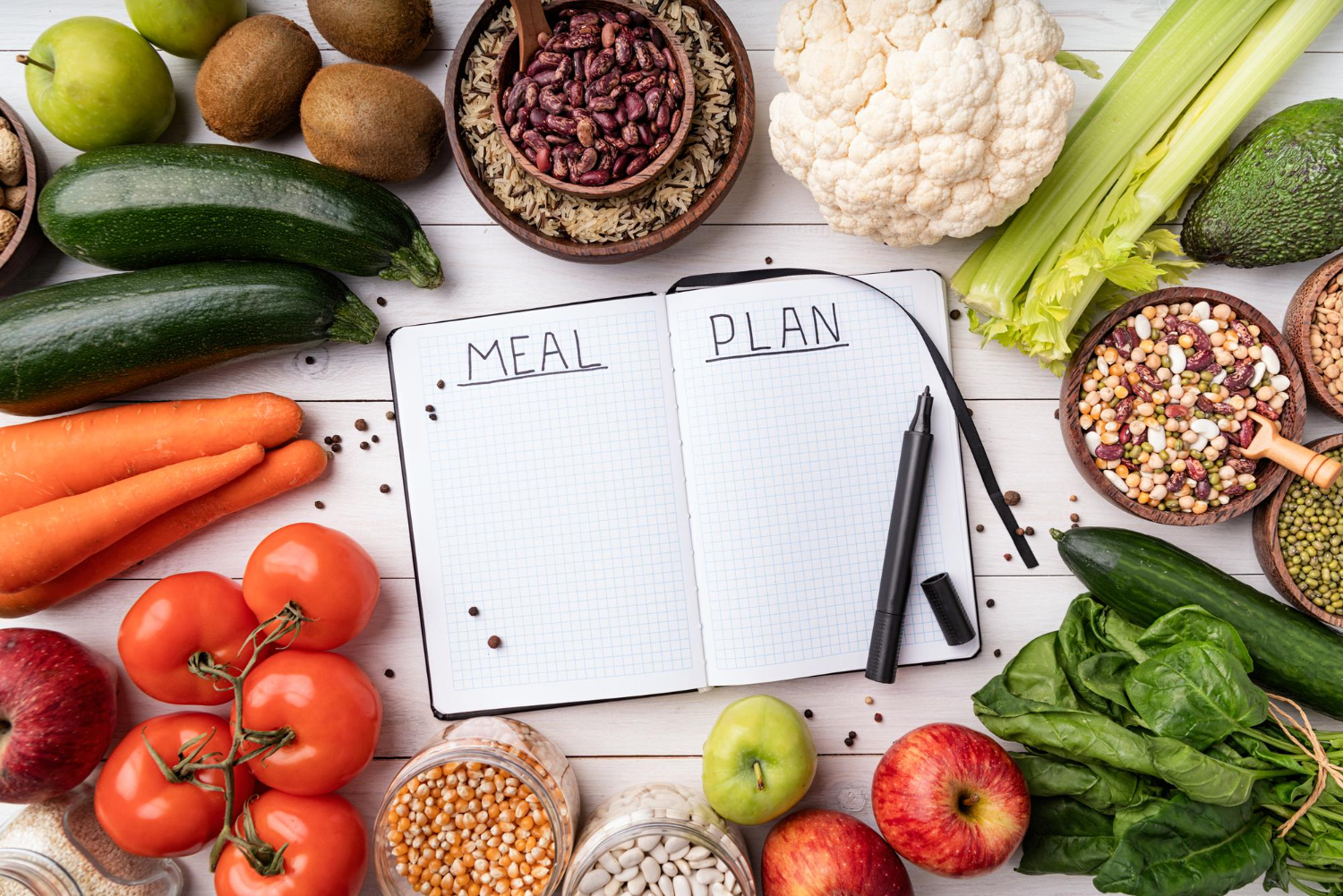 notepad with words meal plan with healthy food