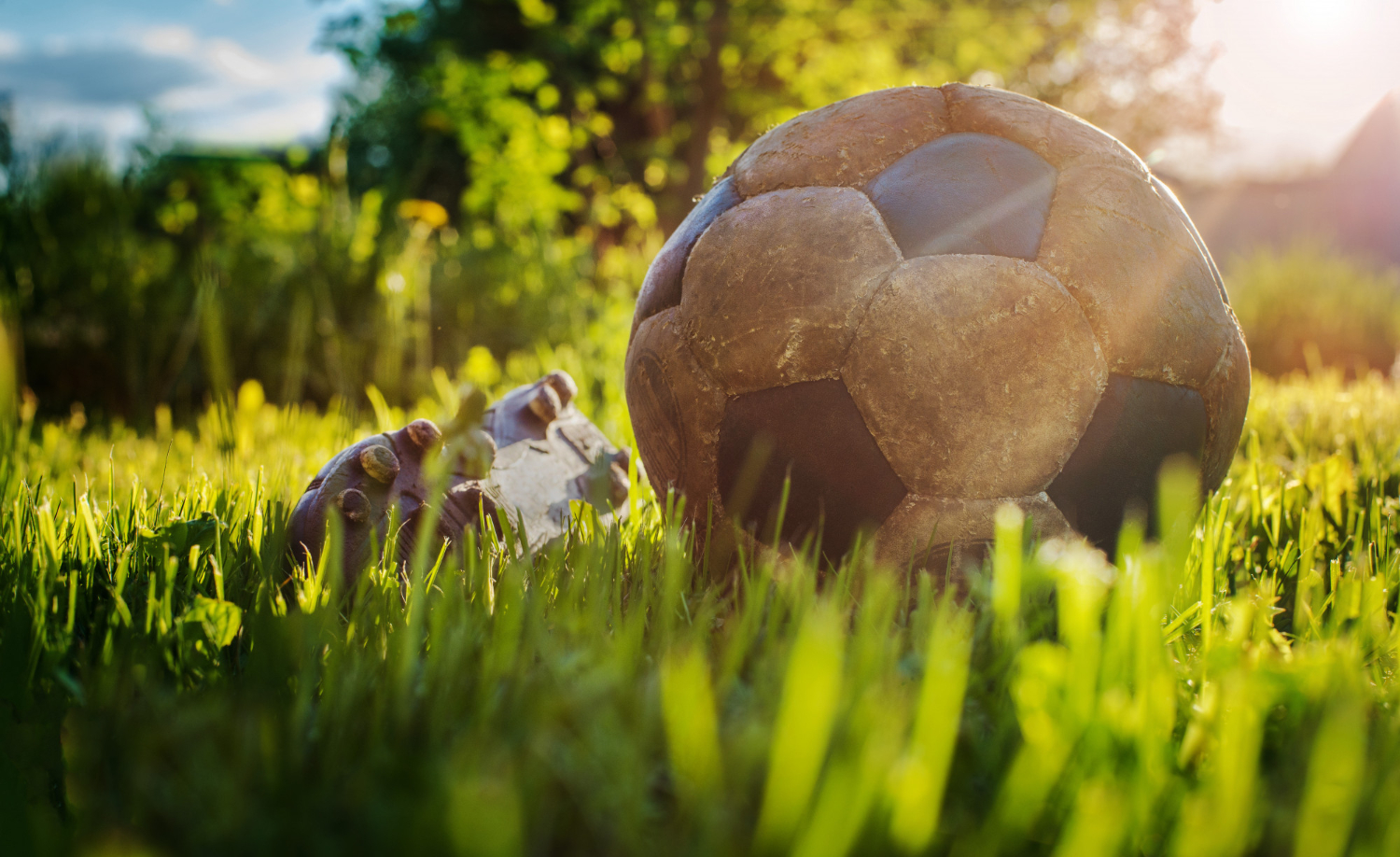 old soccer ball play football sport in backyard