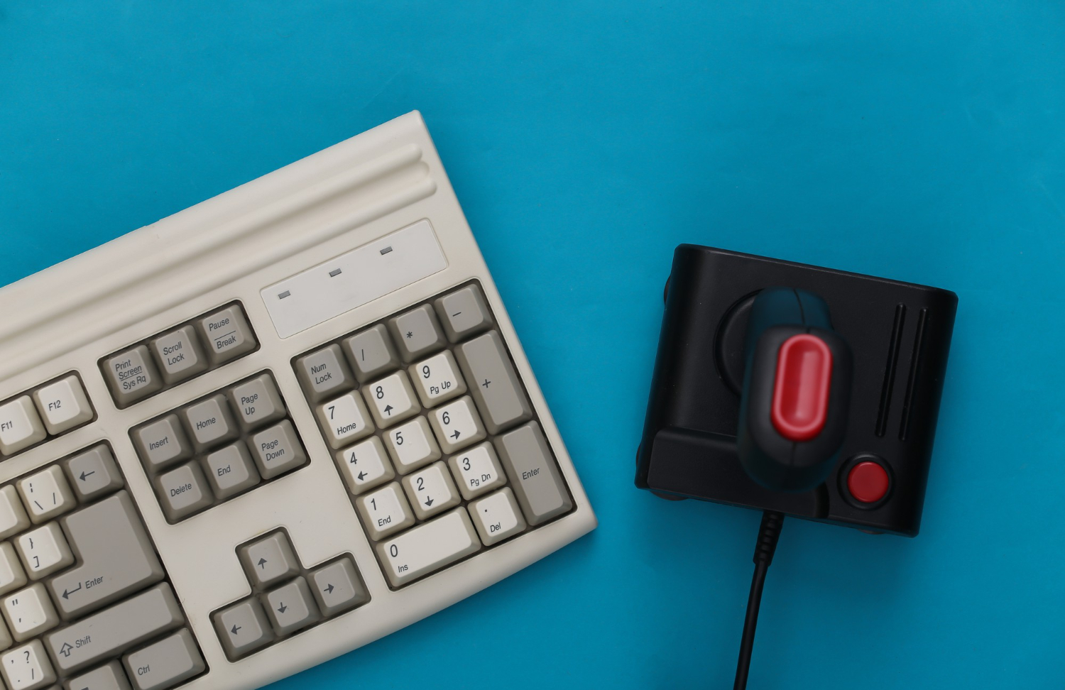 old keyboard old fashioned joystick retro gaming 80s top view flat lay