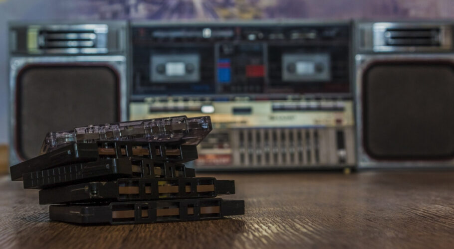 old vintage audio cassettes table tape recorder