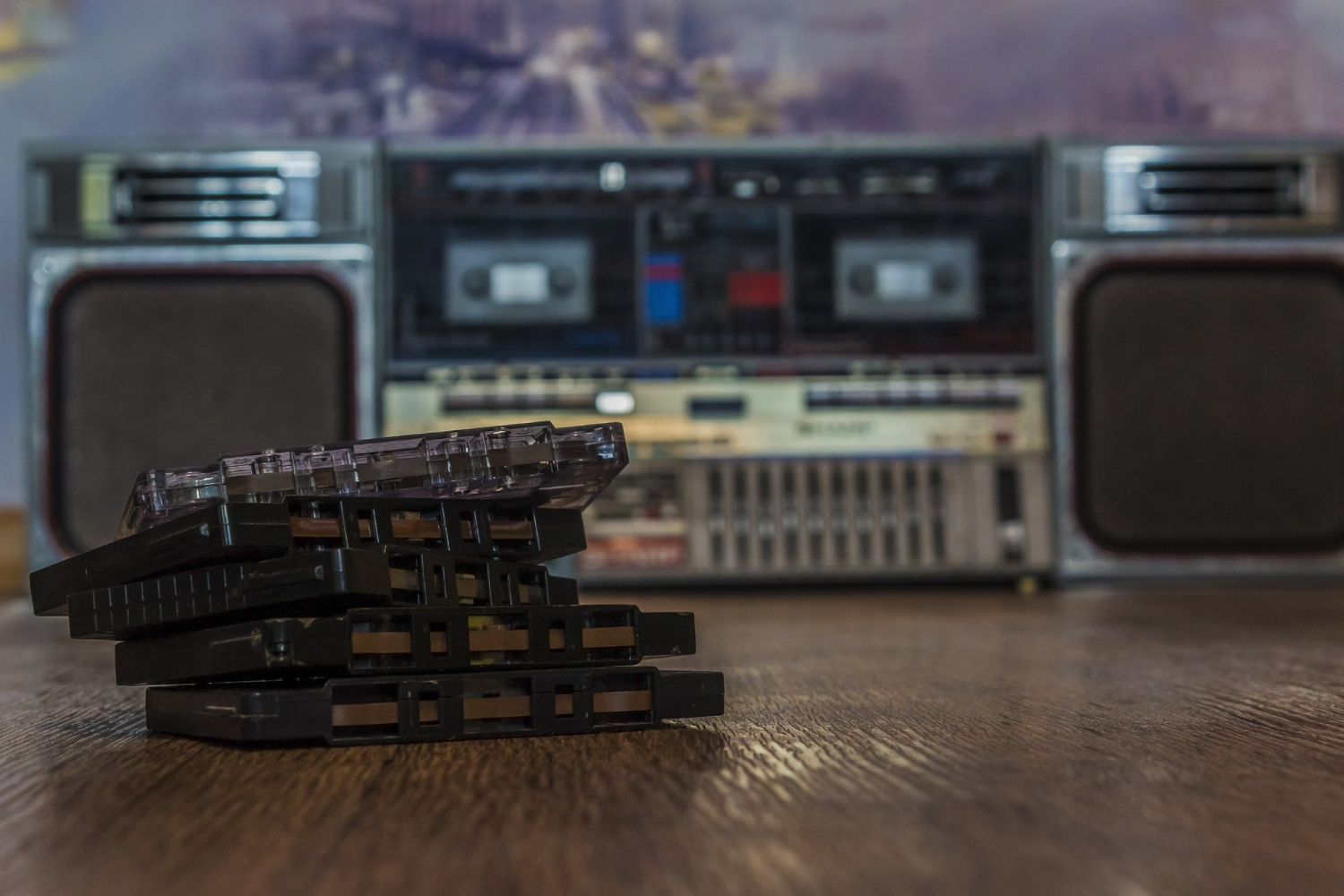 old vintage audio cassettes table tape recorder