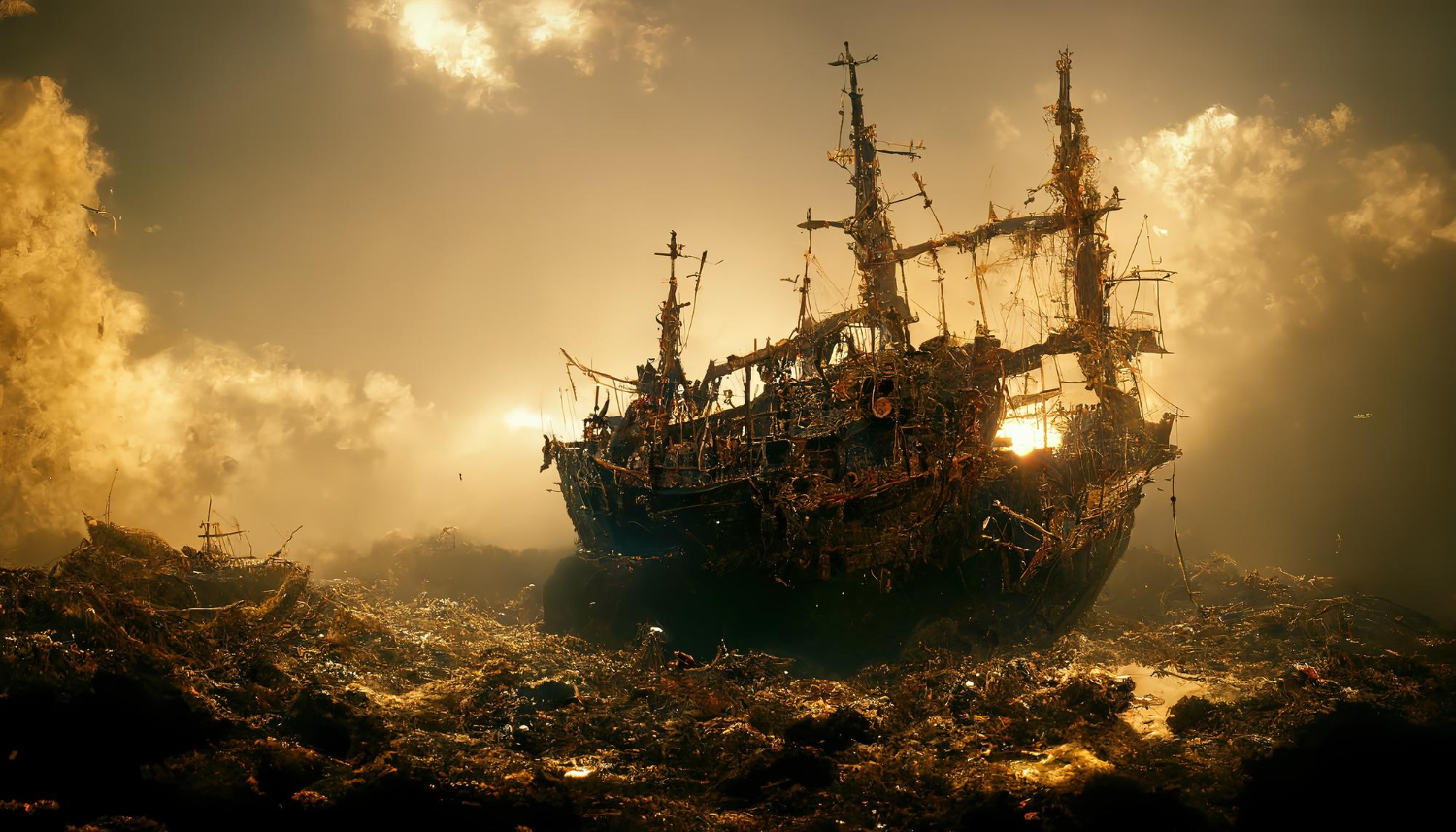 old wrecked ships rest junkyard beneath sky