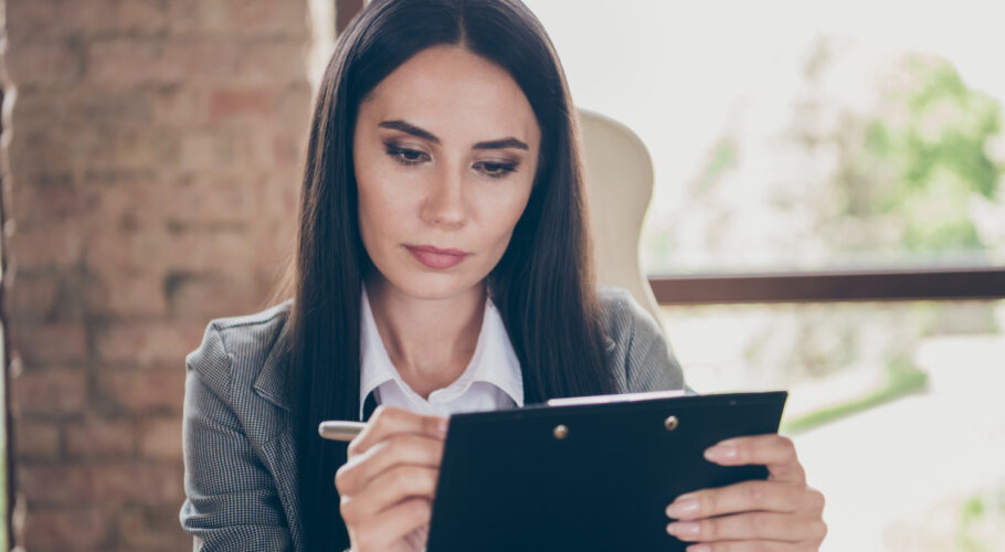 serious executive woman hr have job interview write clipboard coaching wear suit workplace workstation