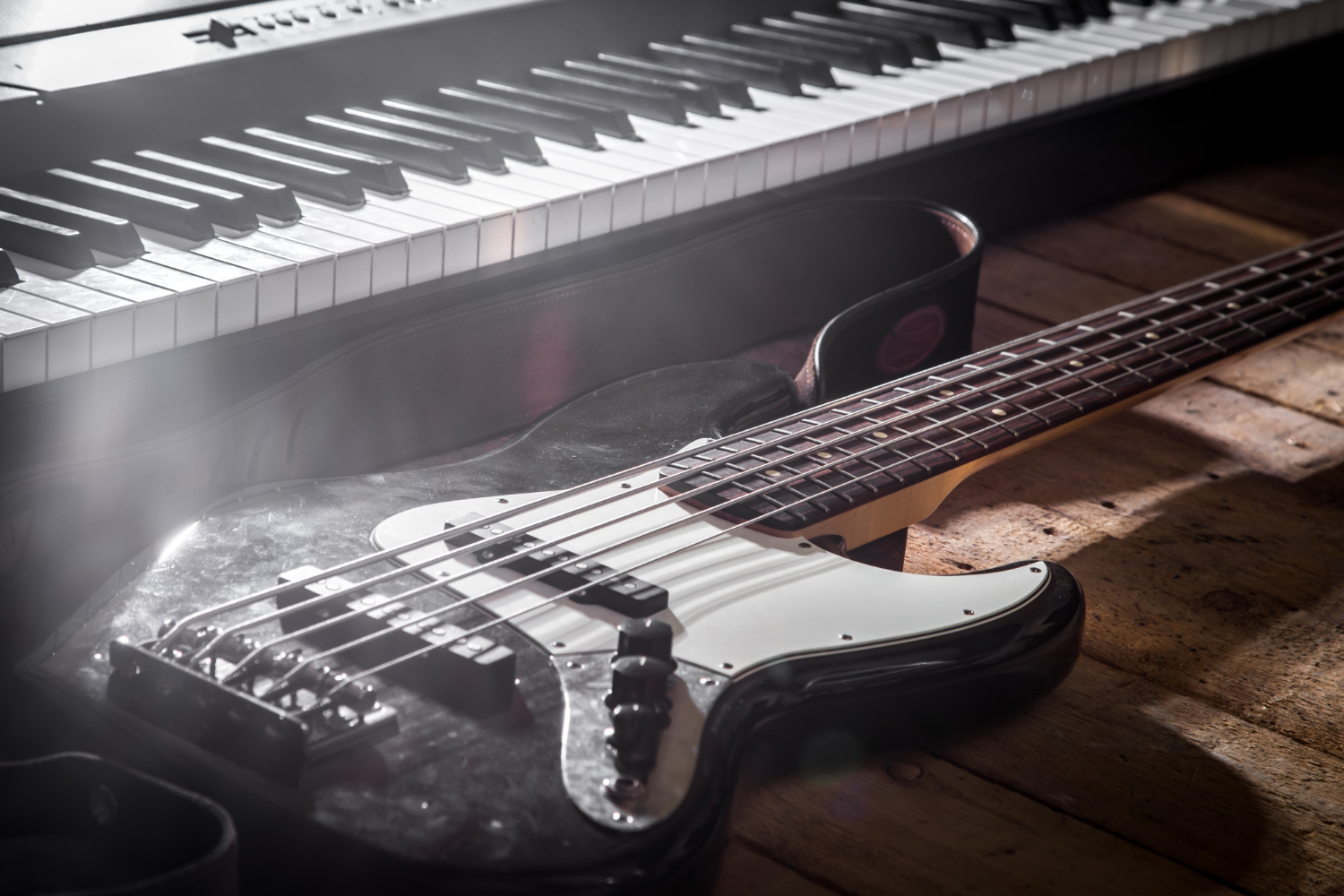 piano guitar wooden background closeup