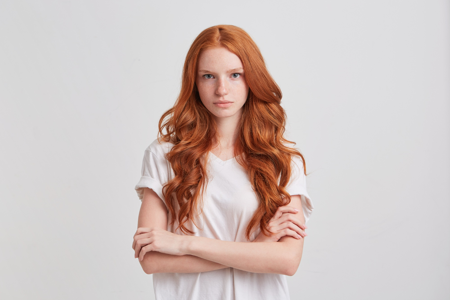 portrait cheerful pretty redhead young woman with long wavy hair