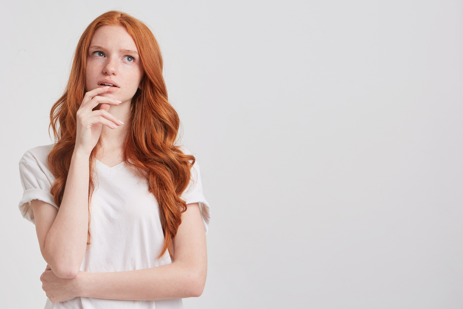 portrait cheerful pretty redhead young woman with long wavy hair