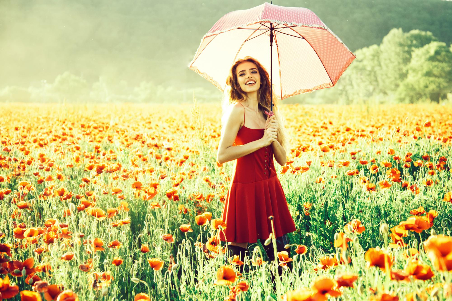 pretty happy girl field poppy seed with umbrella
