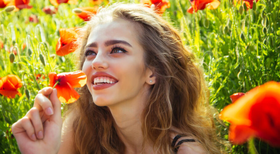 pretty woman happy girl field poppy seed