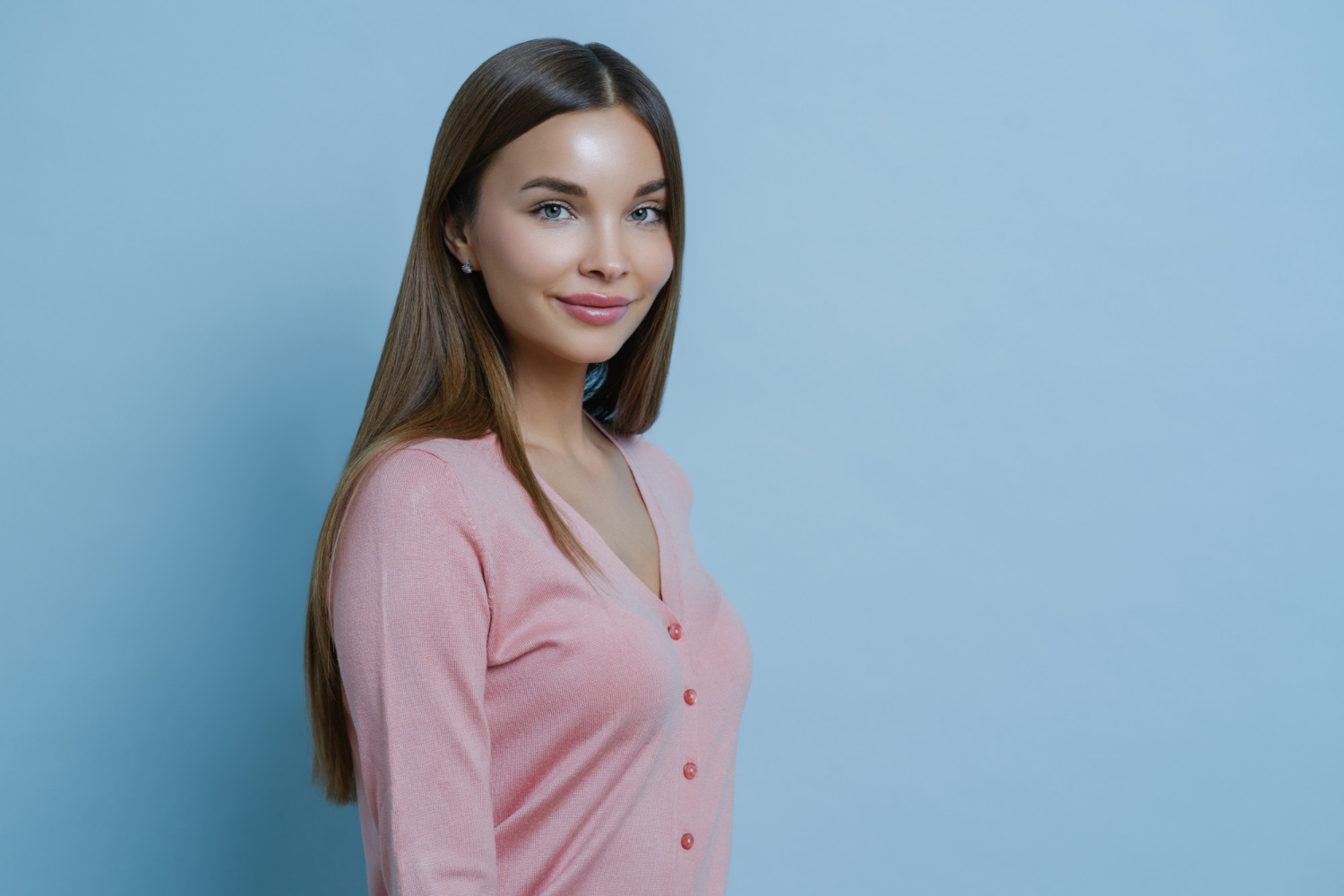 beautiful charming brunette valerie woman wears casual pink jumper