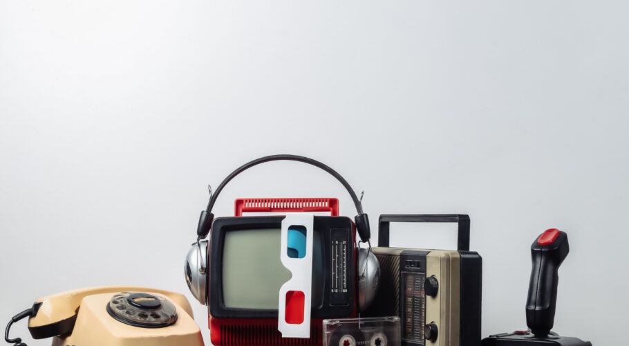 retro portable mini tv set with headphones 3d glasses radio receiver joystick phone audio cassette 80s retro style