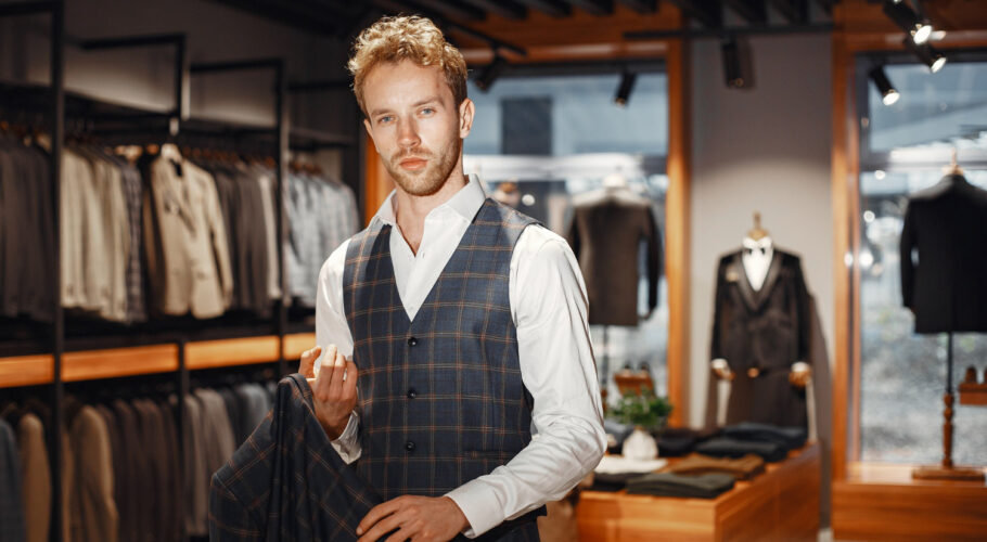 male salesperson in department store fashion retail store choosing suits