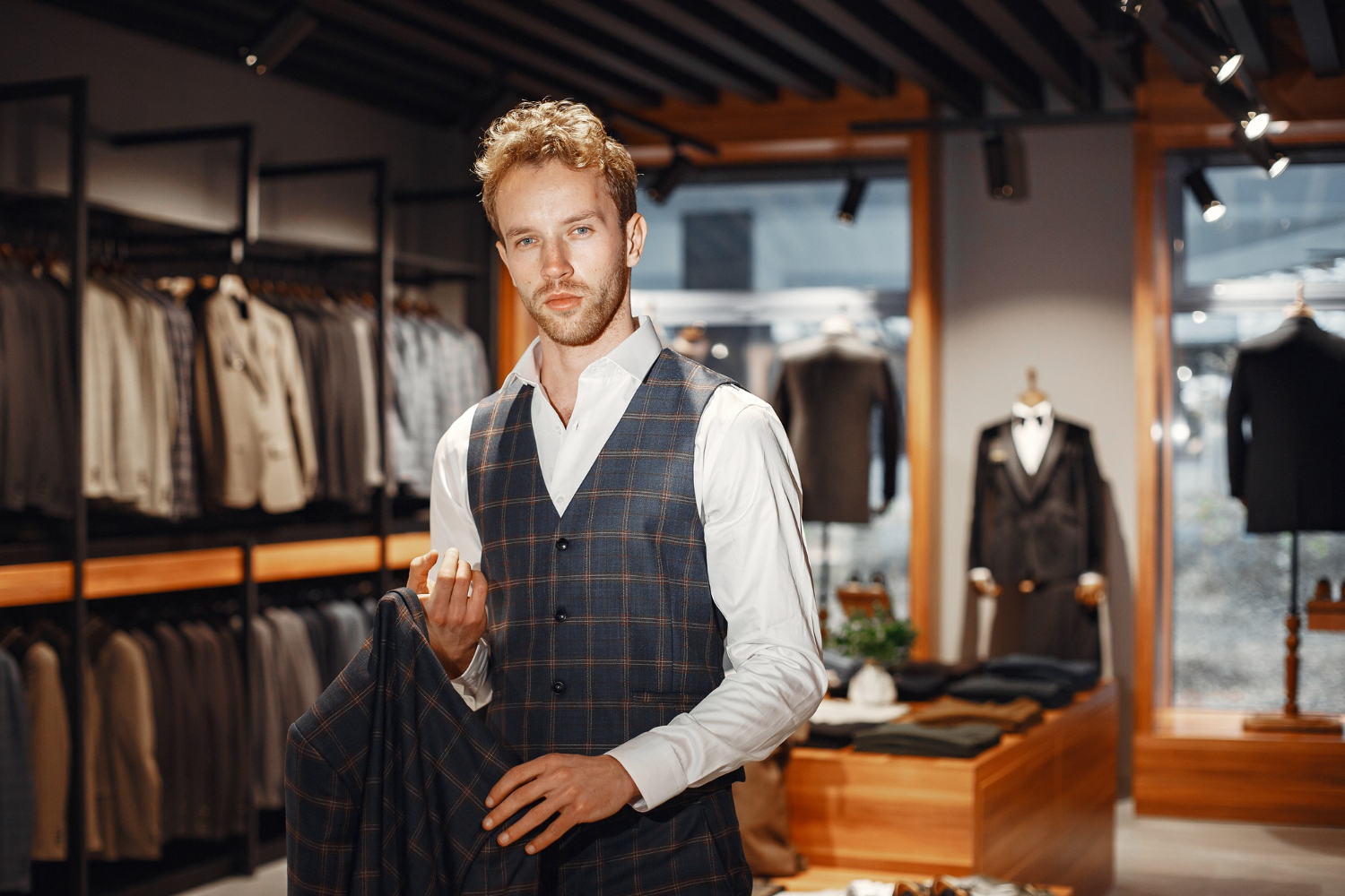 male salesperson in department store fashion retail store choosing suits