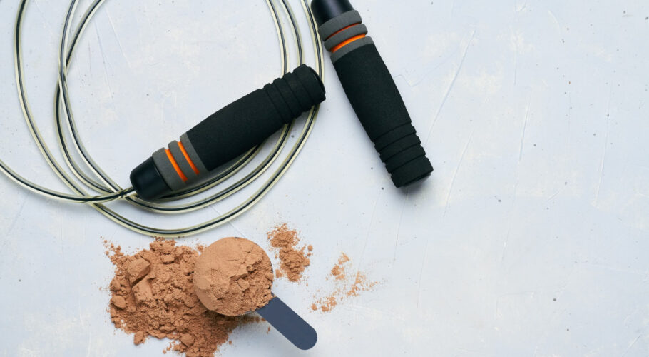 scoop protein powder and a jumping rope with meal plan
