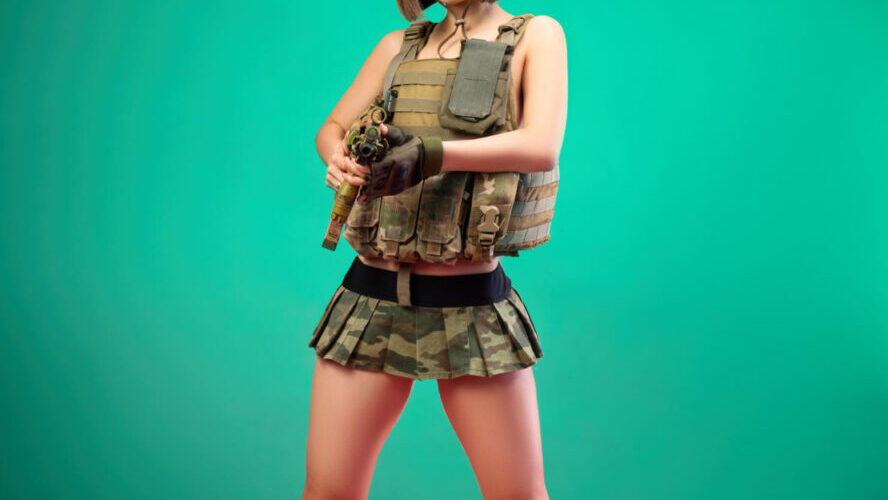 sexy asian woman military clothes with automatic rifle her hands while serving army