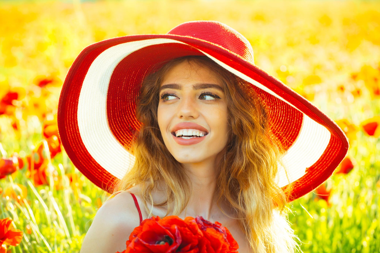 smiling girl field poppy seed retro hat
