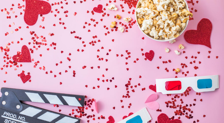 poporn hearts 3d glasses clapper board pink background for movie night