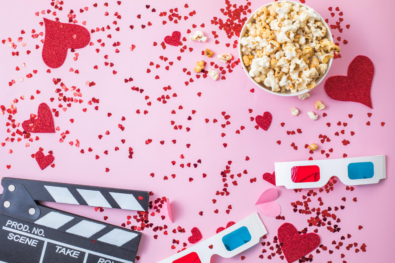 poporn hearts 3d glasses clapper board pink background for movie night