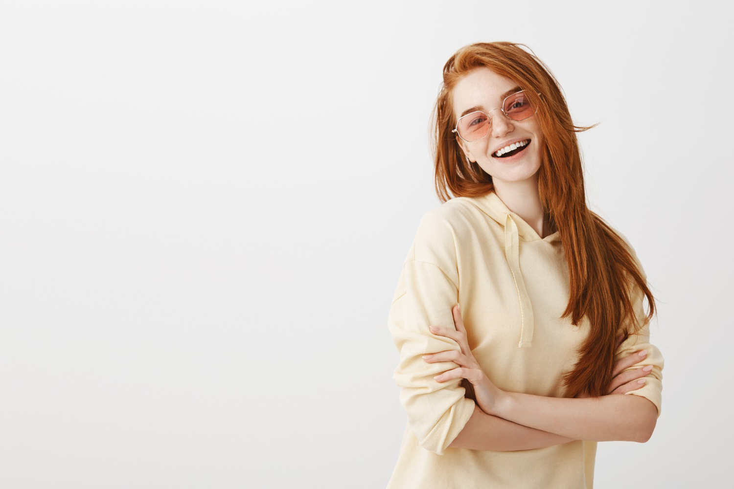 stylish happy gorgeous redhead girl cross arms chest smiling