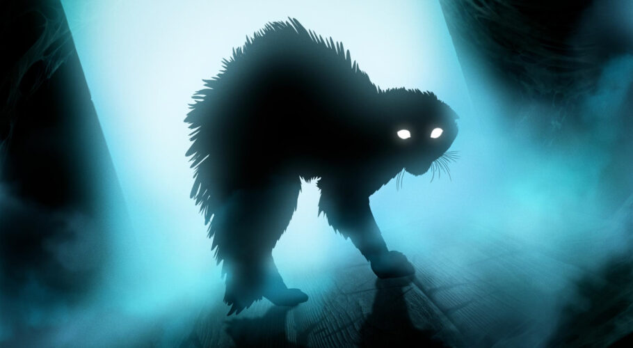terrified silhouette cat reared up semicircle his eyes are shining brightly with white light