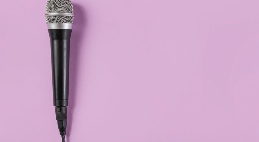 top view microphone pink background hip hop engrave