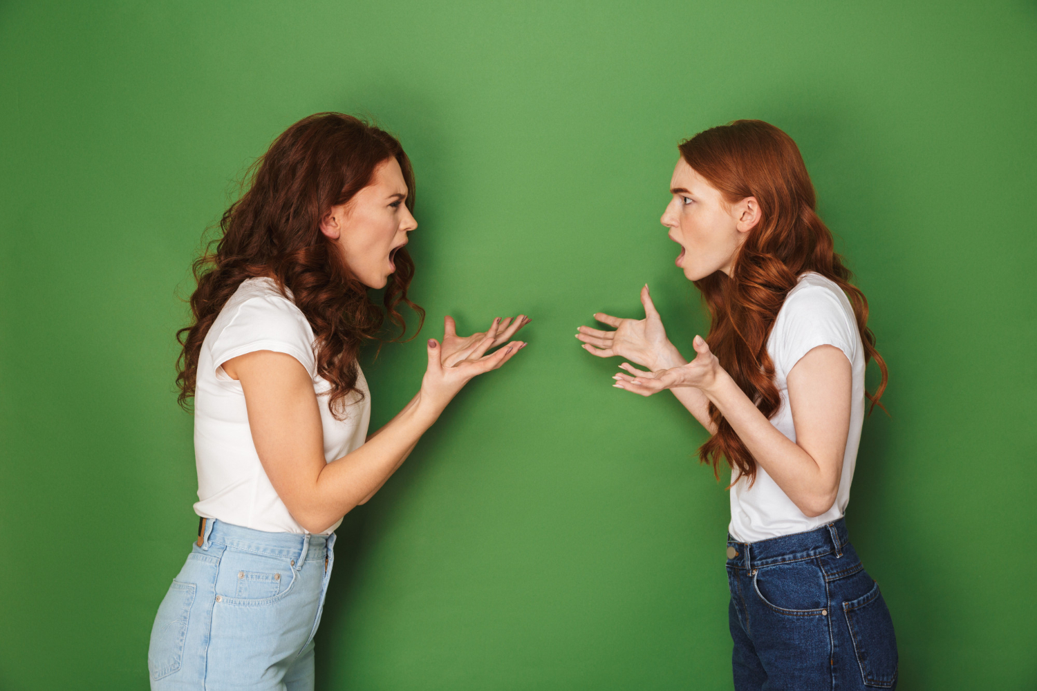 two outraged girls 20s with ginger hair standing face to face crossed shouting at each other