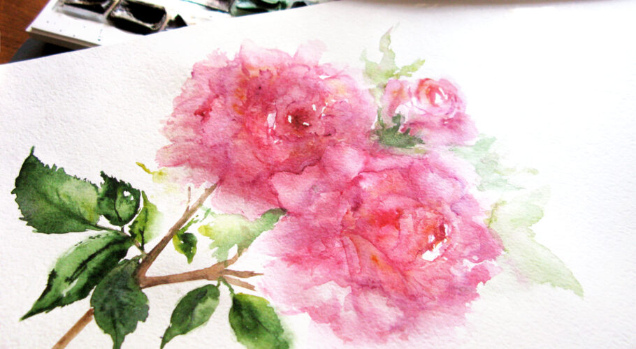 Watercolor pink flower peony rose floral composition plant paint palette brush paintbrush hand creative art drawing