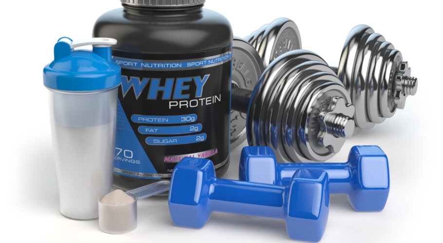 whey protein with dumbbells shaker sports bodybuilding supplements nutrition