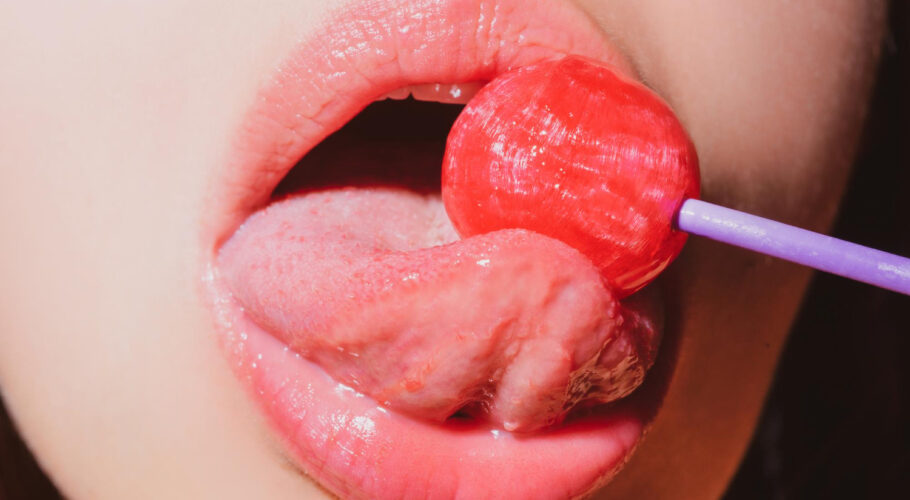 woman licking lollipop art banner red lips with lollipop sexy red female mouth tongue with lollipop