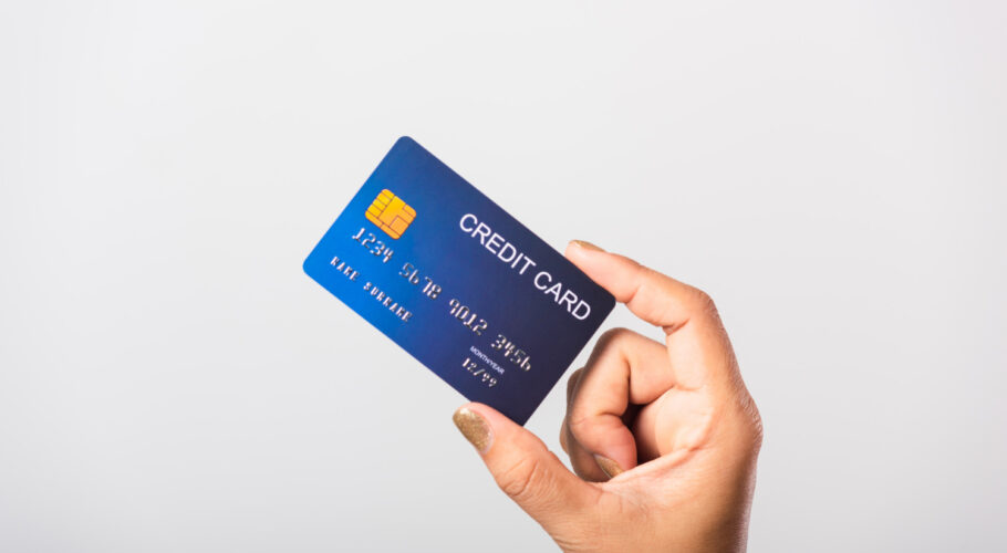 woman she holding bank credit card pay money online shopping