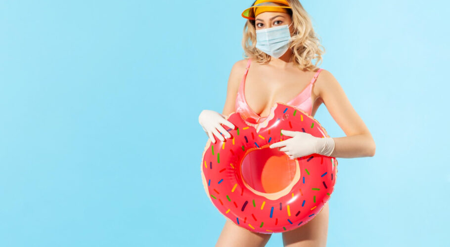 woman swimsuit wearing hygienic face mask surgical gloves prevent contagious coronavirus resort beach with covid19